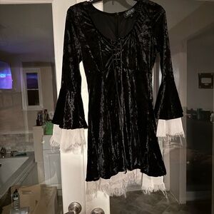Widow Black Velvet Dress with White Fringe